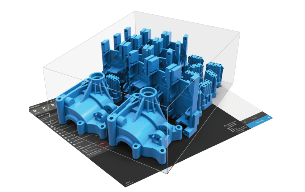 Renderização em software CAD de peças industriais impressas em 3D, blocos azuis empilhados sobre plataforma de impressão digital com ferramentas de medição e análise de qualidade, ambiente virtual escuro, ilustração técnica 3D realista